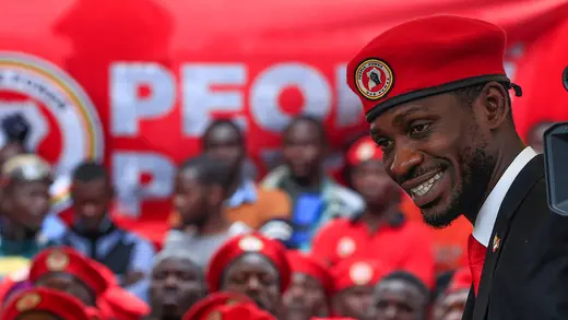 Ugandan musician turned politician, Robert Kyagulanyi otherwise known as Bobi Wine arrives at the news conference at his home in Kasangati, Kampala, Uganda.